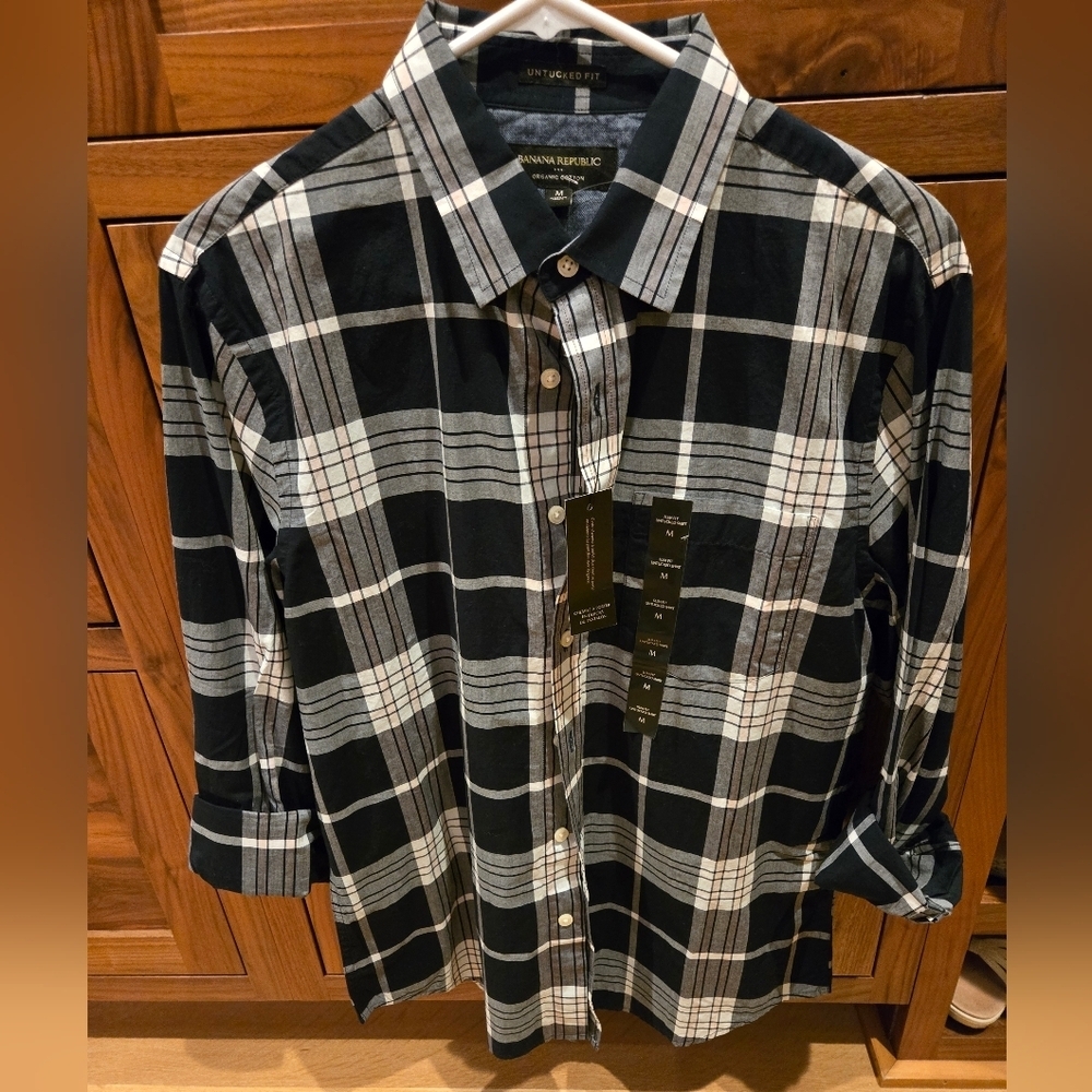 Banana Republic Untucked Slim Fit Shirt Mens M Plaid Button Up New Cuff Sleeve - Picture 4 of 8